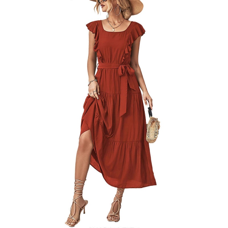 Chic Lace-Up Dress with Ruffled and Solid Color Bohemian Long Maxi Dress for Summer Parties  Brick red XL | Fruugo SG