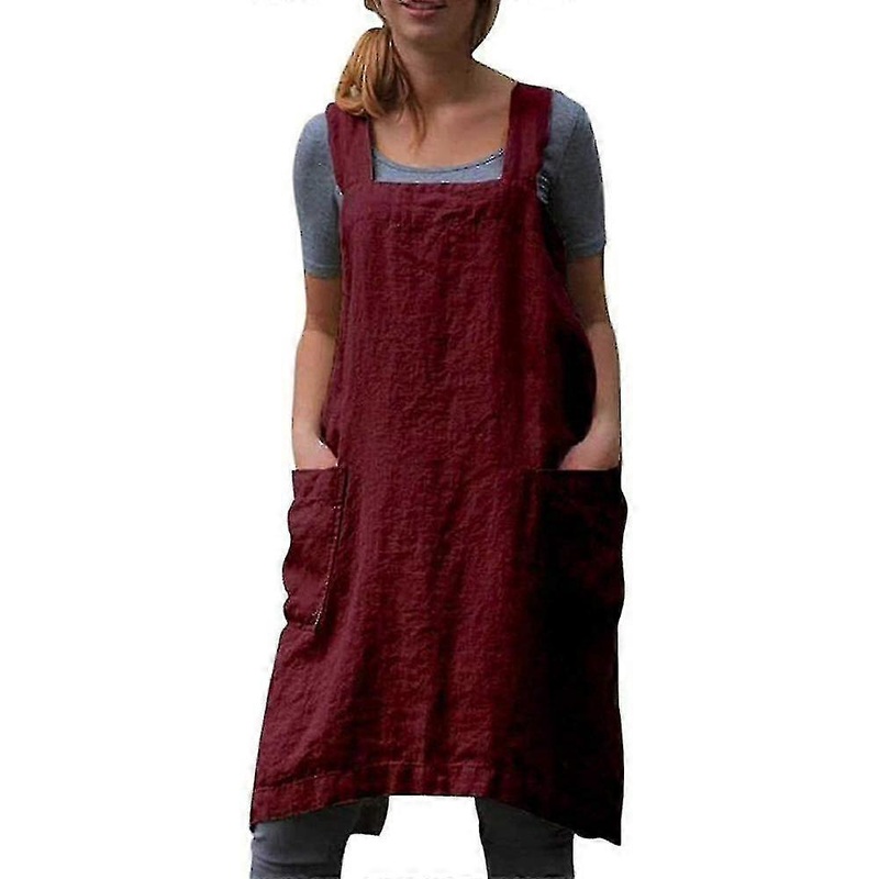 Cotton Linen  Cross Back  For Women With Pockets Pinafore Dress For Baking Cooking High Quality | Fruugo SG