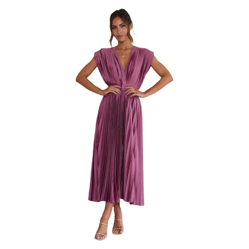 Elegant and Casual V-Neck Pleated Dress with Zipper and Back Tie Summer Flowy Party Dresses  Purple XL | Fruugo SG