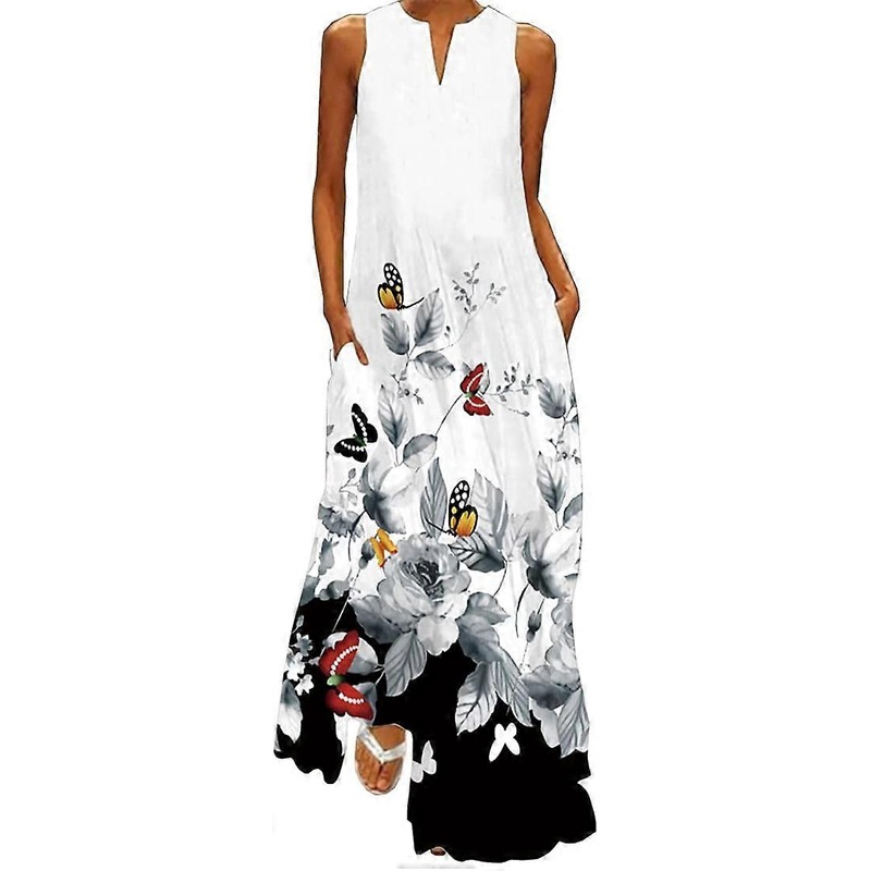 Women’s Maxi Dress, Butterfly, Floral Print, V-Neck, Bohemian, Plus Size, Summer, Long Dress with Pockets | Fruugo SG