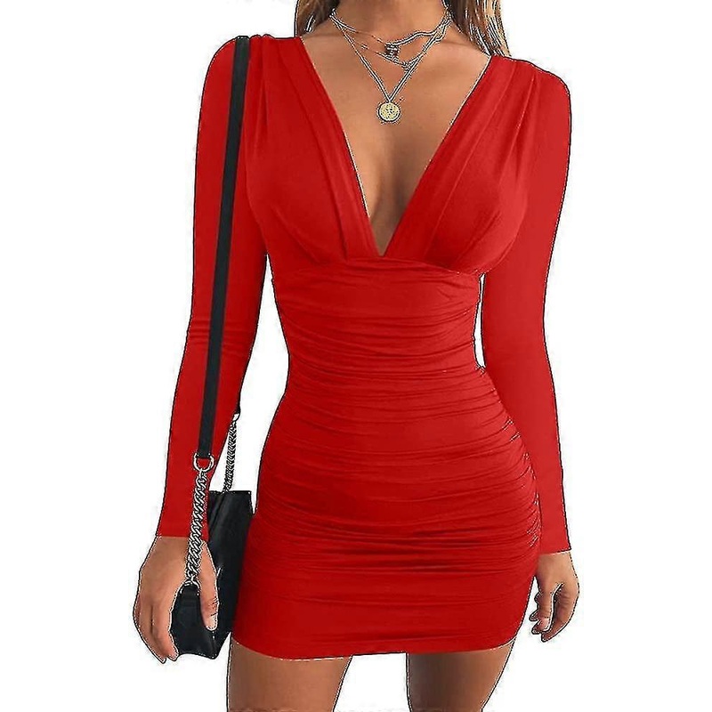 Women’s Sexy Long Sleeve V Neck Ruched Bodycon Mini Party Cocktail Dress | Fruugo SG