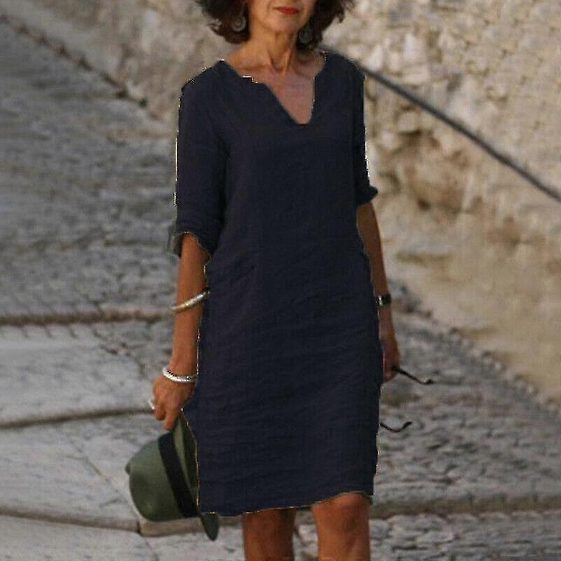 Women’s Short Sleeve Cotton Linen Midi Dress Ladies Solid V Neck Baggy Sundress-9 | Fruugo SG