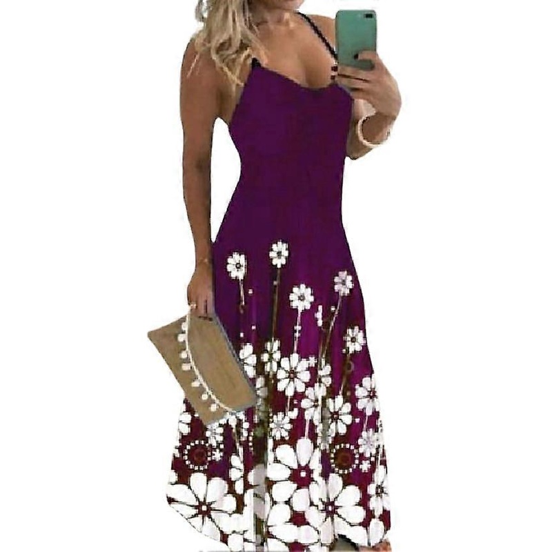 Women’s Sleeveless Floral Print Deep U Vacation Strap Long Dress | Fruugo SG