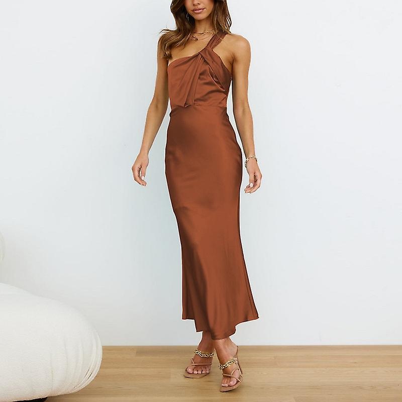 Women’s Summer Slim Fit Dress Sleeveless One Shoulder Wrap Satin Belted Cocktail Midi Dress A1 | Fruugo SG