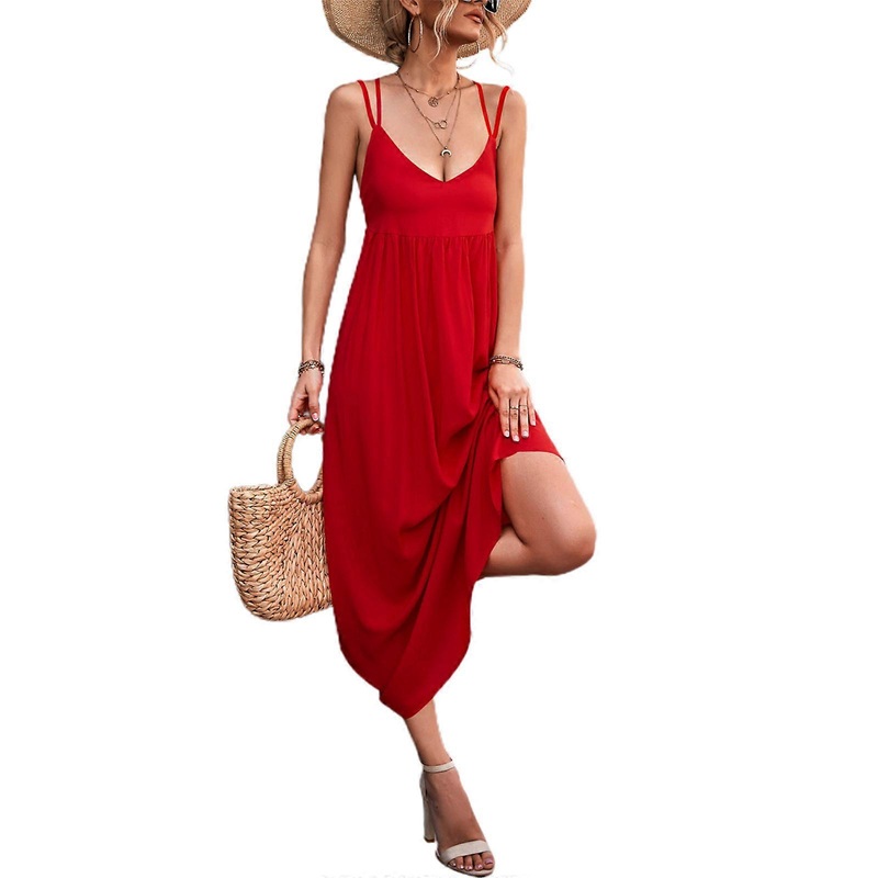 Women Summer Spaghetti Strap V-Neck Backless A-Line Maxi-Long Dress Solid Color High Waist Pleated Swing Holiday Dresses  Red XL | Fruugo SG