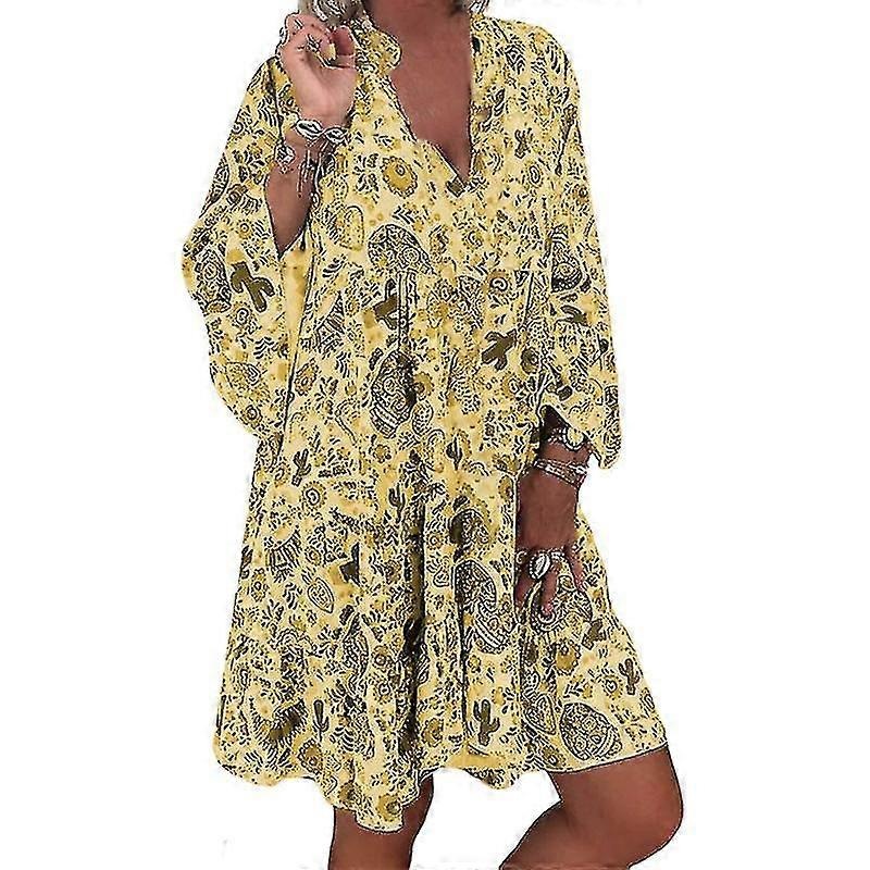 Women Sundress Casual 3/131 Sleeve Button V Neck Dress Boho Loose Baggy Beach Dress | Fruugo SG