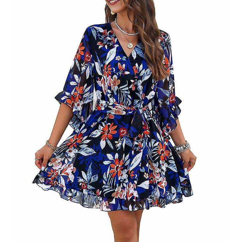 Womens 2024 Floral Print V Neck Ruffle Chiffon Dresses | Fruugo SG