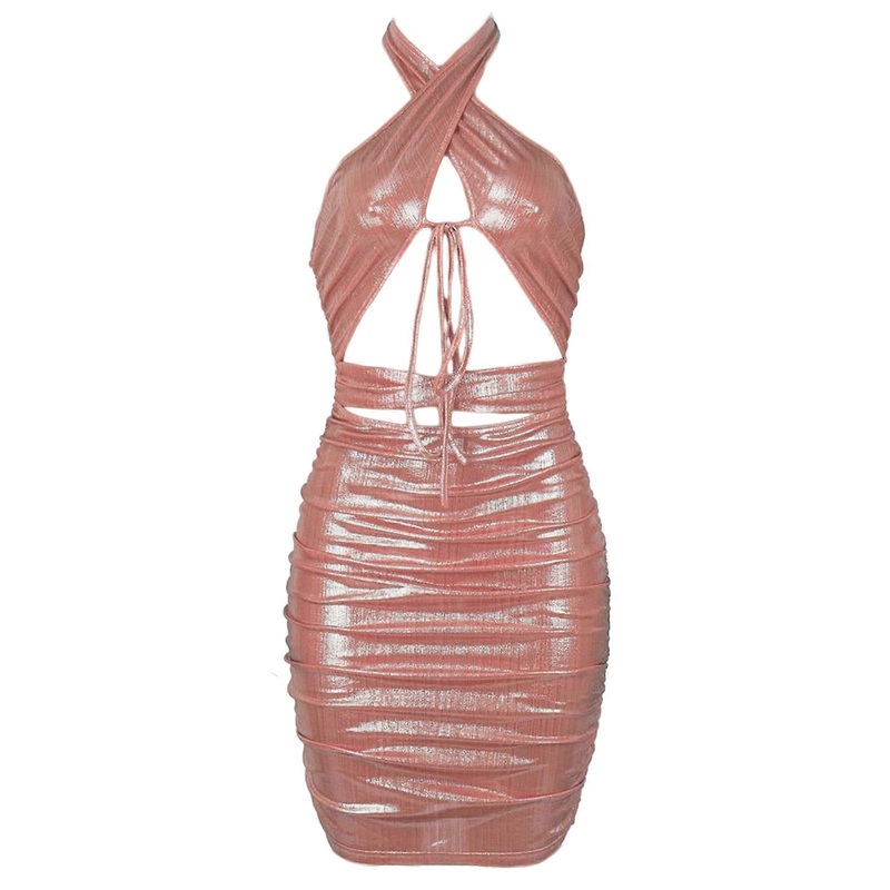 Womens Bodycon Dress Halter Backless Sleeveless Ruffle Hollows Outfits Solid Color Criss-cross Outfits for Summer  Pink XL | Fruugo SG