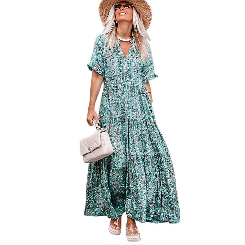 Womens Casual Short Sleeve Dresses High Waist Ankle Length Dress Elegant V-neck Floral Print Dress for Holiday  Sky Blue XL | Fruugo SG