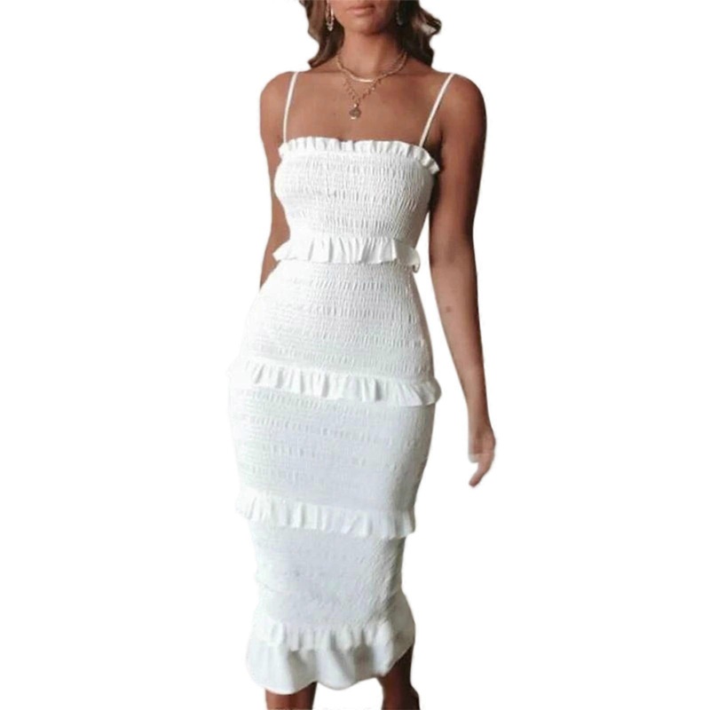 Womens Casual Sleeveless Tiered Ruffle Midi Dress Spaghetti Straps Square Neck Sleeveless Floral Smocked Dress  White S | Fruugo SG