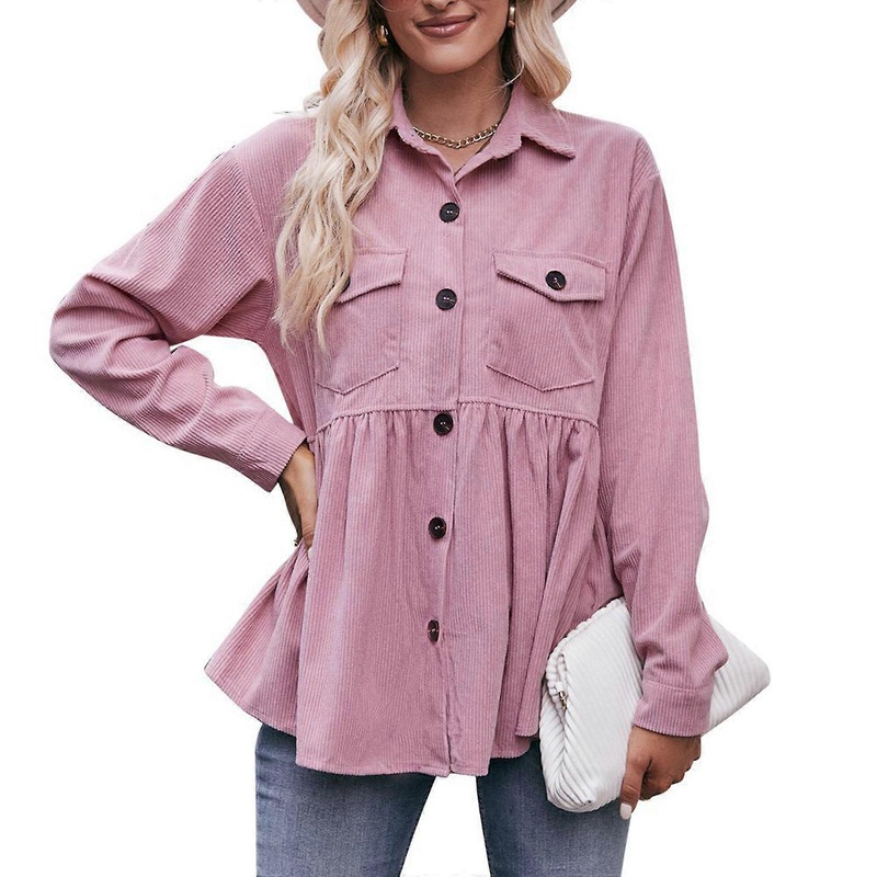 Womens Corduroy Peplum Shirts Tops Cute Long Sleeve Button Down Blouses with Pockets  Pink S | Fruugo SG