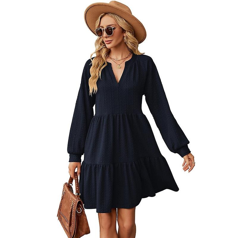 Womens Long Sleeve Casual Dress Solid Color V-Neck Loose Fit Flowy Swing Tiered Dress | Fruugo SG