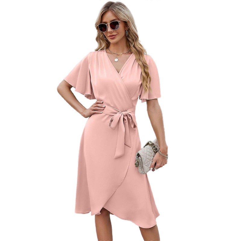 Womens Midi Bell Short Sleeve Wrap V Neck Flowy Split Hem Summer Casual Dresses with Belt  Pink XL | Fruugo SG