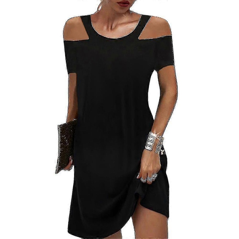 Womens Plain Cold Shoulder Short Sleeve Mini Dress Summer Casual Shift Dresses-DF | Fruugo SG