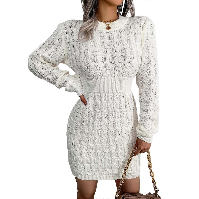 Womens Round Neck Slim Fit Mini Sweater Dresses Solid Color Casual Long Sleeve Knit Bodycon Pullover Sweater Dresses  White L | Fruugo SG