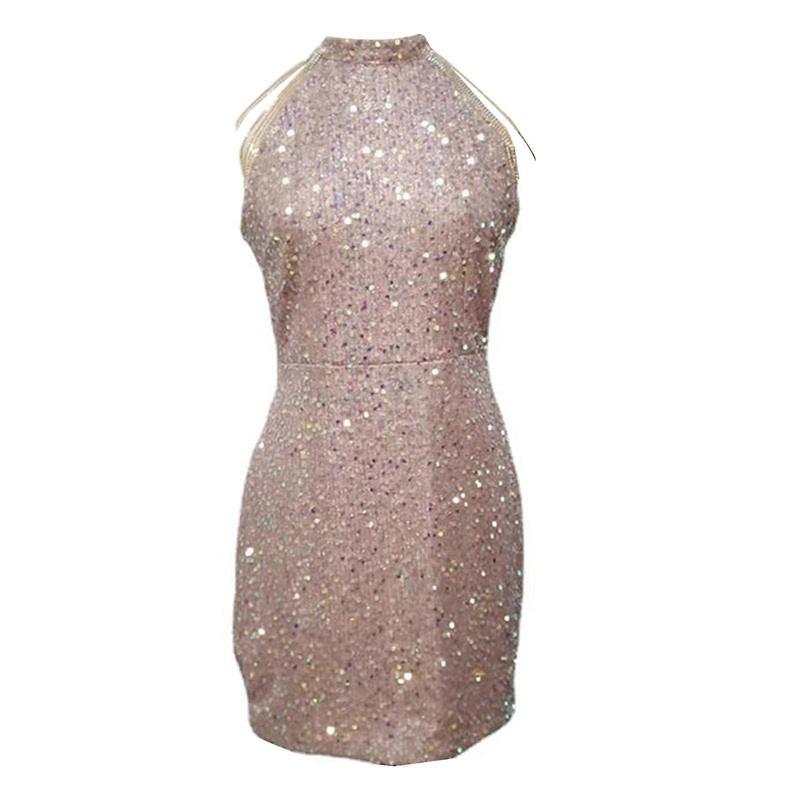 Womens Sexy Sparkly Sequined Bodycon Short Dress with Crystal Tassels Halter Neck High Waist Cocktail Party Dresses  Pink XL | Fruugo SG