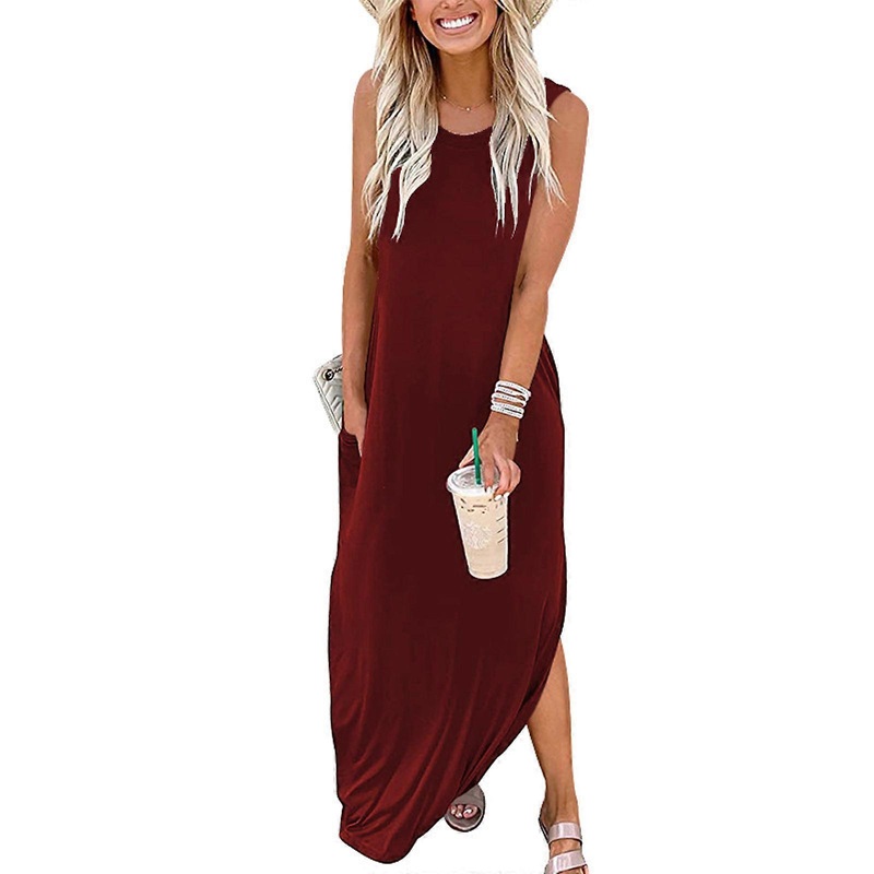 Womens Sleeveless Dress Ladies Solid Color Party Dress Summer-Beach Dress Split Maxi Dress Loose Sundress with Pockets  Burgundy XL | Fruugo SG