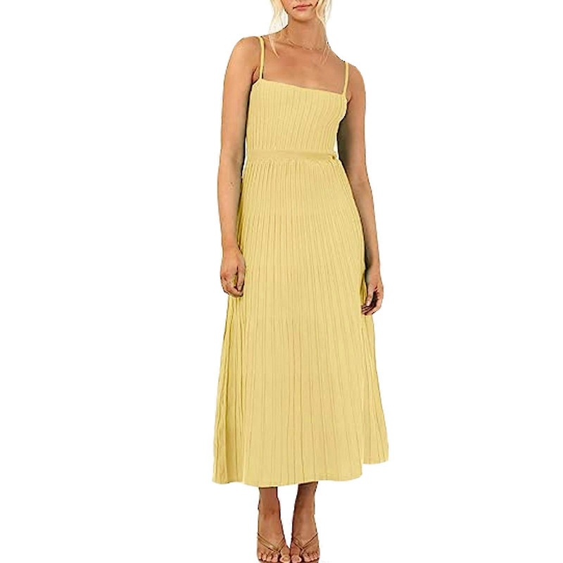 Womens Sleeveless Ribbed Knit Square Neck Maxi-Long Dress Solid Color Spaghetti Strap High Waist Pleated A-Line Dresses  Yellow S | Fruugo SG