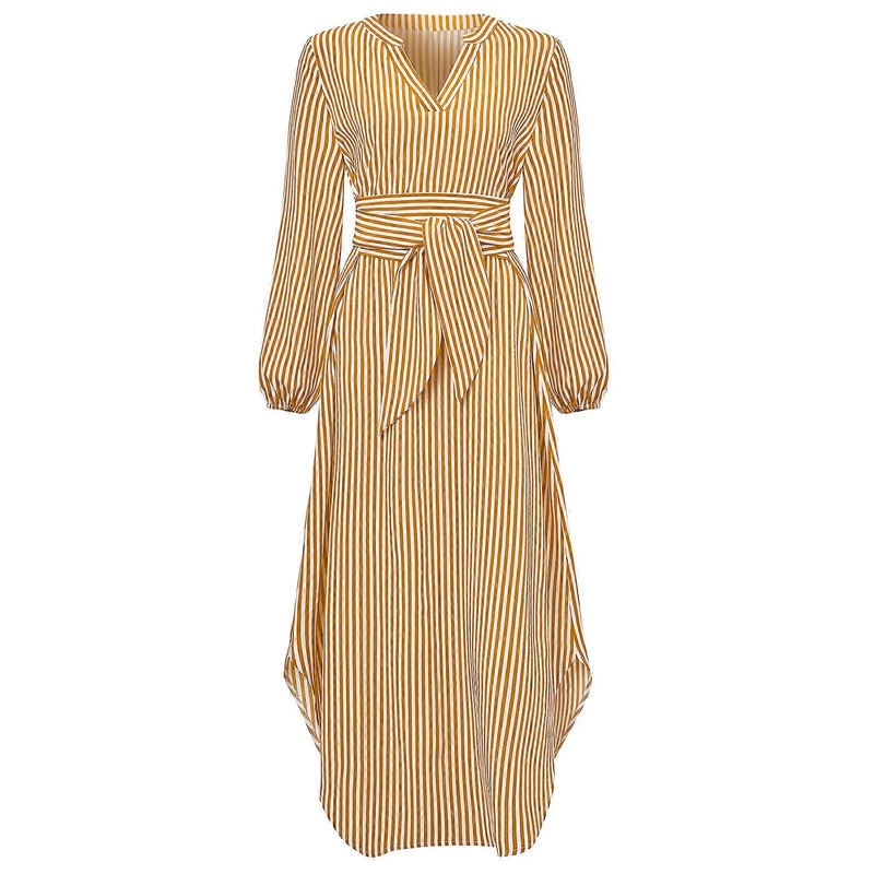 Womens Striped Long Sleeve Shirt Dress Casual Loose V Neck Flowy Swing Belted Midi Dresses Tie Waist A Line Long Dress  Yellow M | Fruugo SG