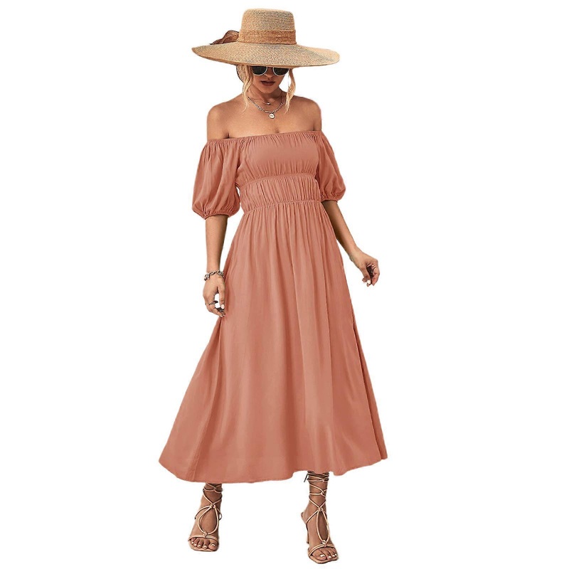 Beautiful Off Shoulder Dress with Puff Sleeves Casual Short Sleeve Solid Cocktail Maxi Dresses  Pink S | Fruugo SG