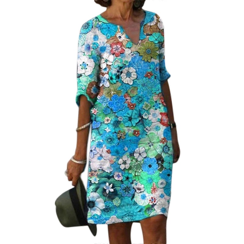 Boho-Short Sleeve Long Skirt V-neck Flower Dress Casual Print Long Dress Spring Dresses Loose-fit Casual Women Cloth  Sky Blue S | Fruugo SG