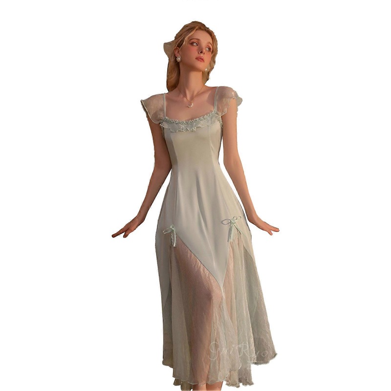 Cap Sleeve Frill Trim Bow Decor Nightgown Women Elegant Pure Color Mesh Splicing Satin Nightdress Sleepwear | Fruugo SG