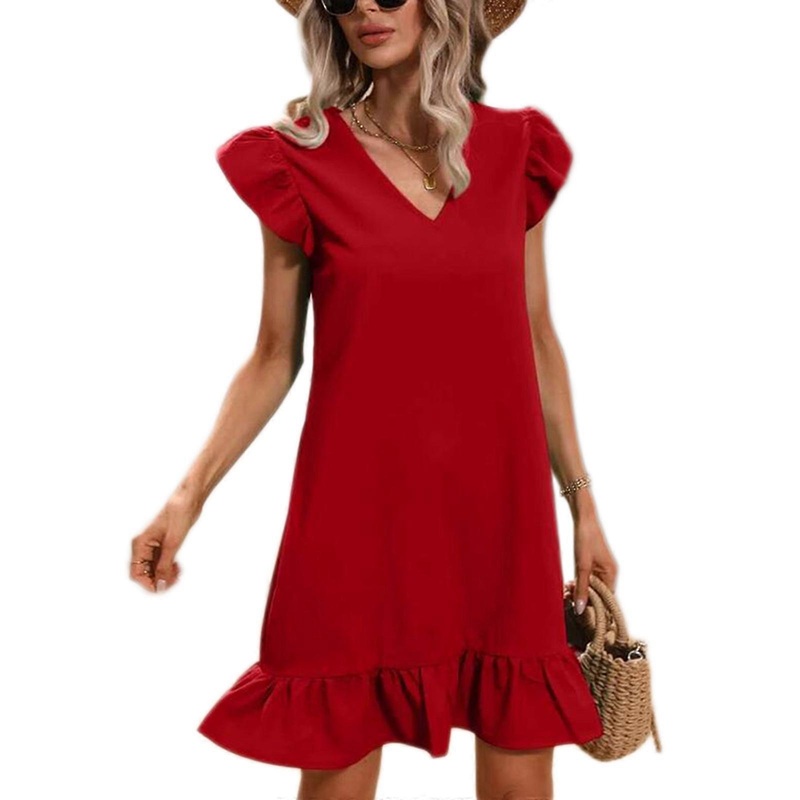 Elastic Ruffle Lotus-Sleeves Midi Skirts High Waist Ruffle Solid Color Vintage Dresses Summer Cocktail Parties Office  Red M | Fruugo SG