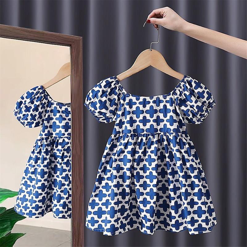 Girls Dress Short Puff Sleeve Cute Elegant Flowy Floral Printing Lovely Children Dress Blue 130 | Fruugo SG