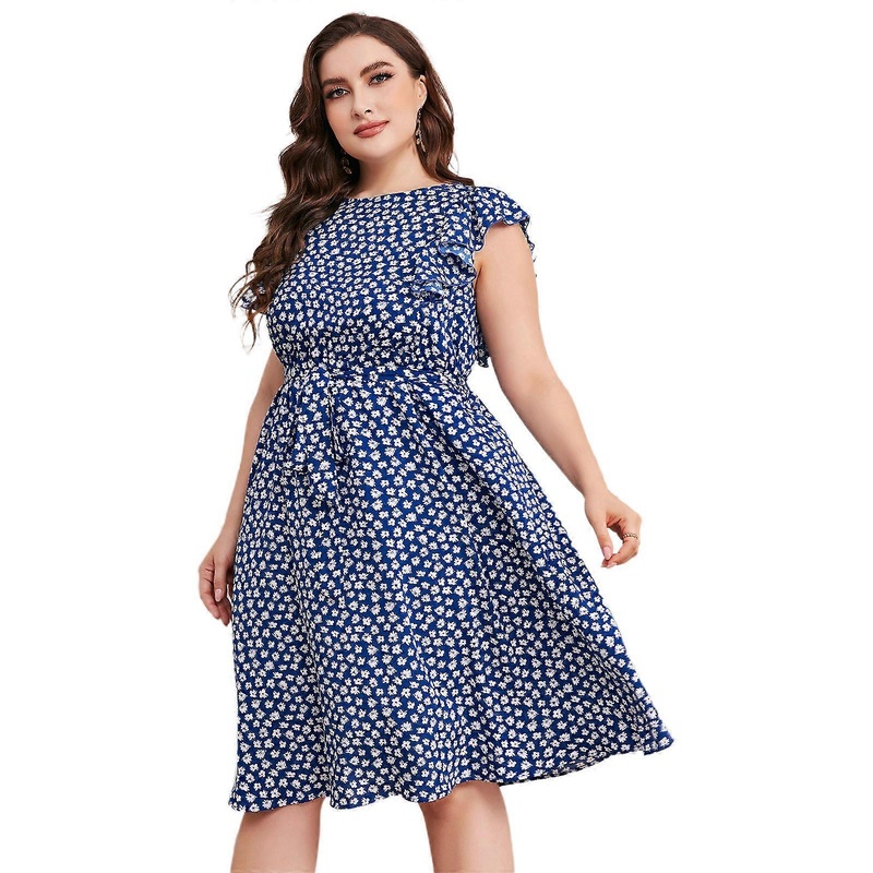 Summer Boho Mini Dresses Women Vintage Casual Crew Neck Plus Size Dress Floral Print Beach Party Dress  Blue XXL | Fruugo SG