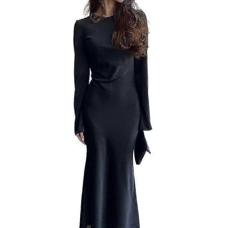 Women’s Satin Fashion Slim Maxi Dress Long Sleeve High Waist Elegant Solid Dress hwy | Fruugo SG