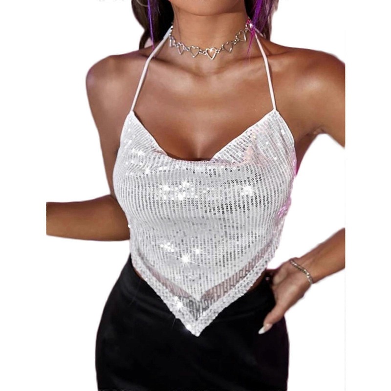 Womens Drape Halter Neck Sleeveless Sequin Crop Top Sexy Tie Backless Glitter Camisole Asymmetrical Hem Bandeau Vest  White XL | Fruugo SG