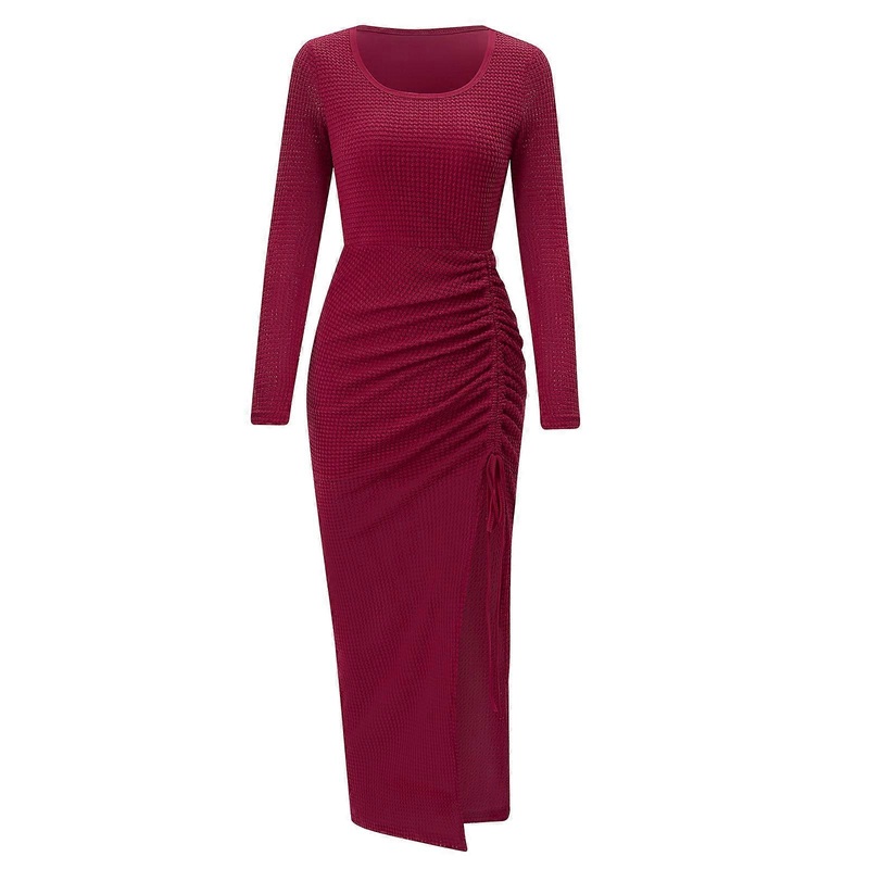 Womens Elegant Long Sleeve Bodycon Dress O-Neck High Slit Drawstring Maxi Dress Slim Party Cocktail Dress  Burgundy XL | Fruugo SG