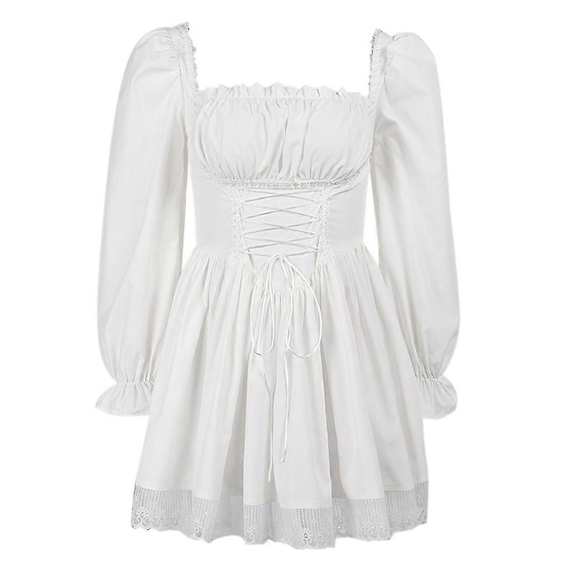 Womens Gothic Lolita Puff Long Sleeve Ruched Mini A Line Dress Ruffle High Waist Square Neck Lace Hem Swing Clubwear  White S | Fruugo SG