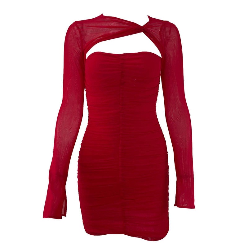 Womens Mesh Long Sleeve Patchwork Ruched Bodycon Short Dress Cut Out Twisted Front Package Hip Cocktail Party Dresses  Red XS | Fruugo SG