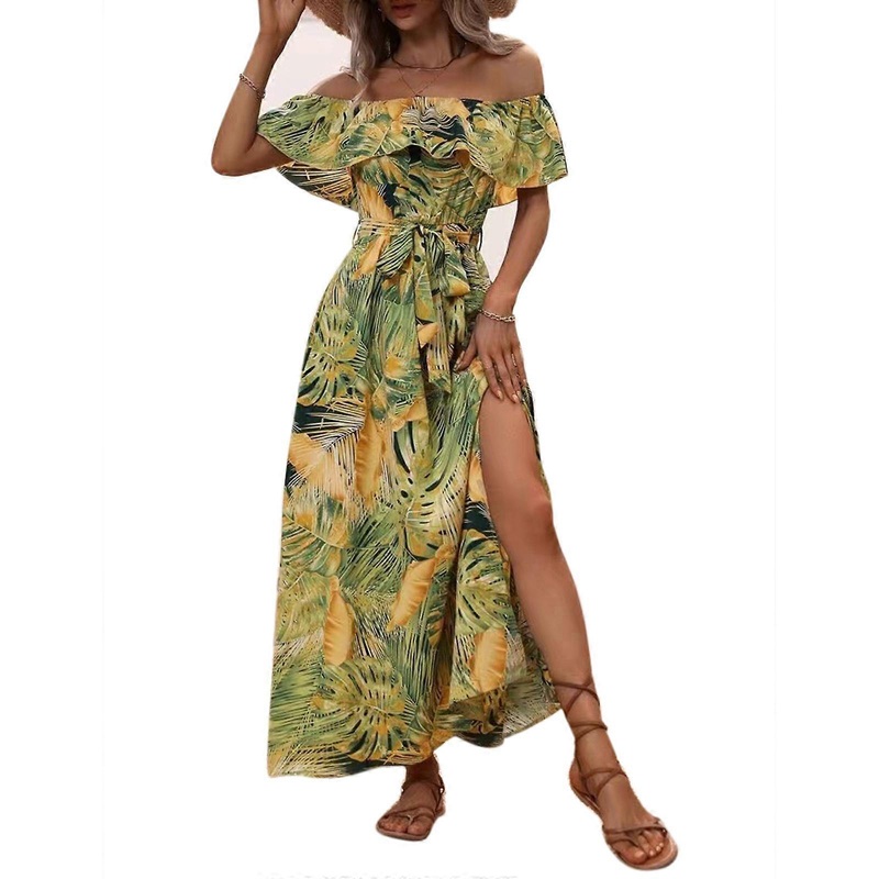 Womens Off Shoulder Ruffle Floral Print Summer Wedding Guest Dresses A Line Maxi Dress with Belt Side Slit Long Dress  Yellow S | Fruugo SG