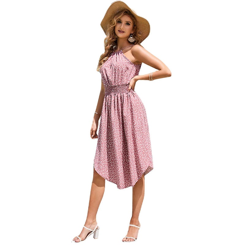 Womens Pleated Hem Elegant Party Midi Dress Sleeveless Hanging Neck Elastic Waist Boho Floral Holiday Midi Sundress  XS Pink | Fruugo SG
