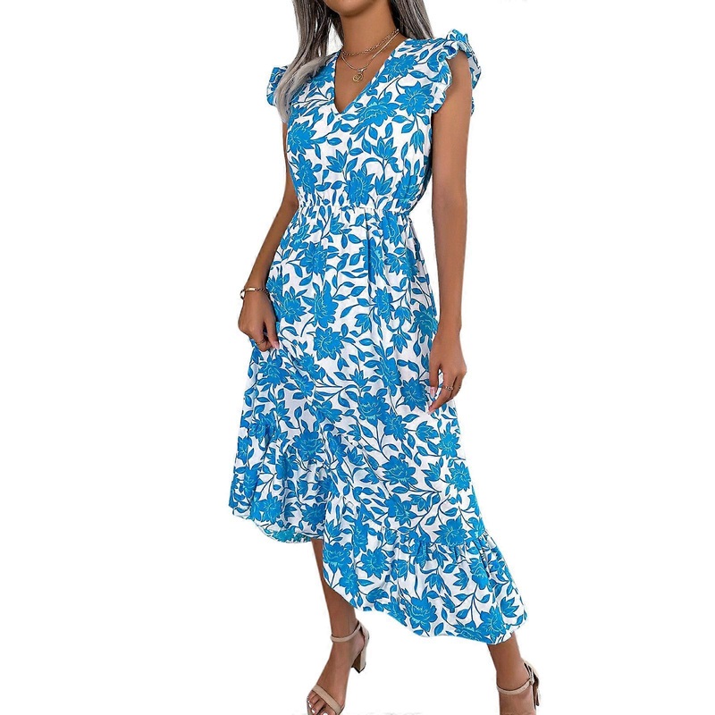 Womens Printed Sleeveless V-Neck Long Dress Elegant High Waist Dresses Summer Fashion Female Midi Dress  White M | Fruugo SG