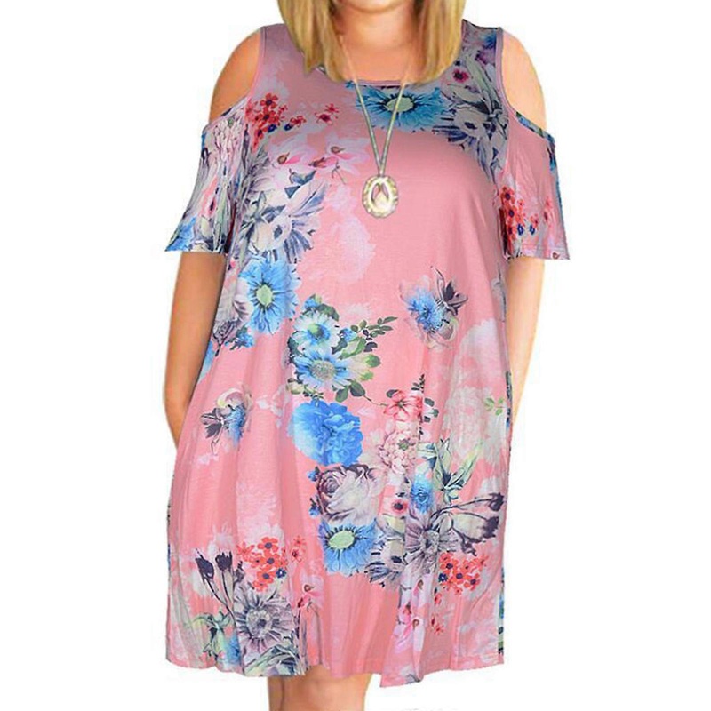 Womens Round Neck Midi Dress Vintage Floral Printed Casual Short Sleeve Cold Shoulder Flared Swing Hem Loose Sundress  Pink 5XL | Fruugo SG