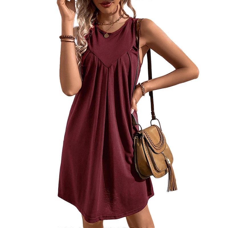 Womens Sleeveless Dress Fashion Pleated Dress Solid Color Casual Dress Ladies Crew Neck Dress Summer Dress for Vacations  Burgundy XL | Fruugo SG