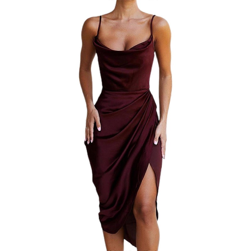 Womens Sleeveless Spaghetti Strap Summer Dress Split Cocktail Beach Evening Party Cowl Neck Midi Dresses Side Zipper  Burgundy XL | Fruugo SG