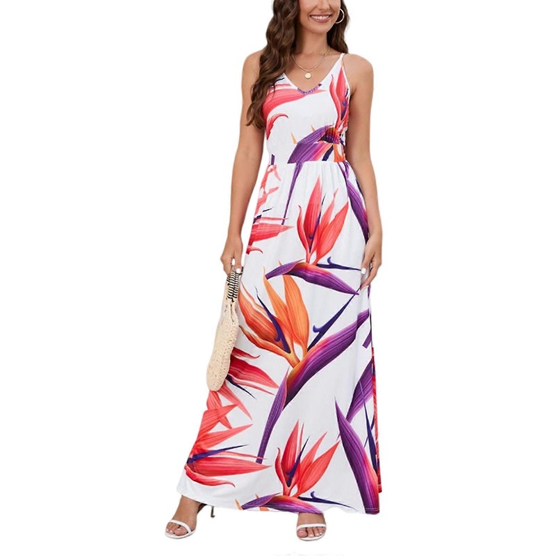 Womens Summer Casual Floral Print Sleeveless Spaghetti Strap High Waisted V-Neck Long Maxi Dress for Cocktail Party  White XL | Fruugo SG