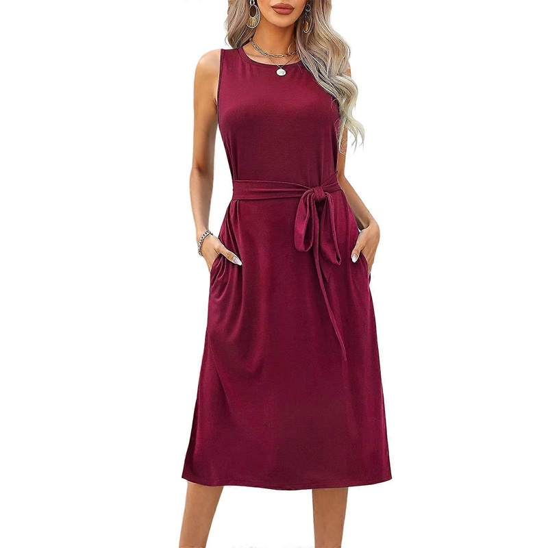Womens Summer Sleeveless Round Neck Side Split Midi Tank Dress Solid Color Belted A-Line Long Dresses with Pockets  Burgundy M | Fruugo SG