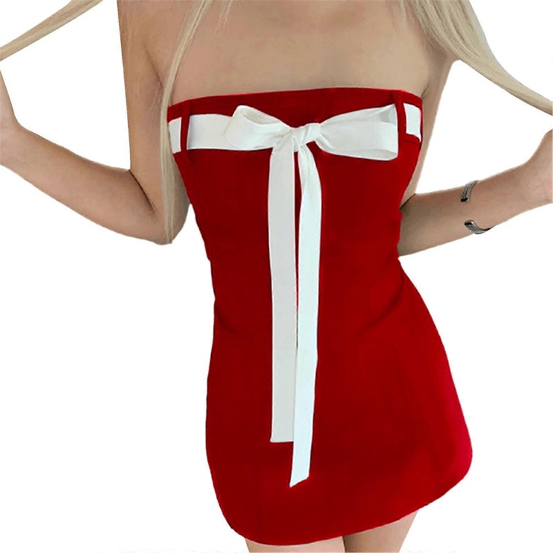 Womens Summer Strapless Backless Mini Tube Dress with Lace-Up Bowknot Patchwork High Waist A-Line Package Hip Dresses  Red S | Fruugo SG