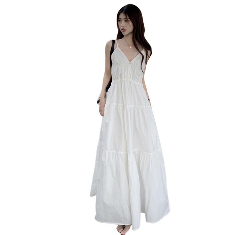 Womens Thin Shoulder Straps Tied Backless Sexy V Neck Flared Swing Long Dress Solid Tiered Ruffle A Line Beach Long Dresses  White XL | Fruugo SG