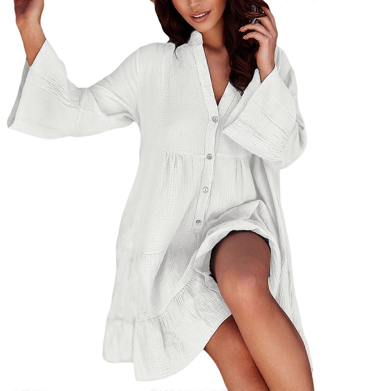 Womens Trumpet Sleeve V-Neck Dress Fashion Flowy Loose Ruffled Dress High Waisted Casual Dress Loose Fit Babydoll Dress  White XS | Fruugo SG