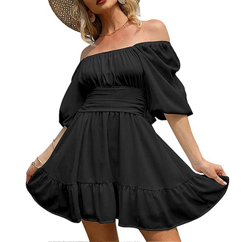 Black L Women Half Lantern Sleeve Tie Back Dress Ruffled Off Shoulder Mini Dress For Summer | Fruugo SG