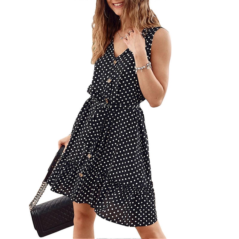 Button Front Dress Summer Sleeveless V Neck Polka Dots Frill Trim Ruffle Hem Belted Dress Black S | Fruugo SG