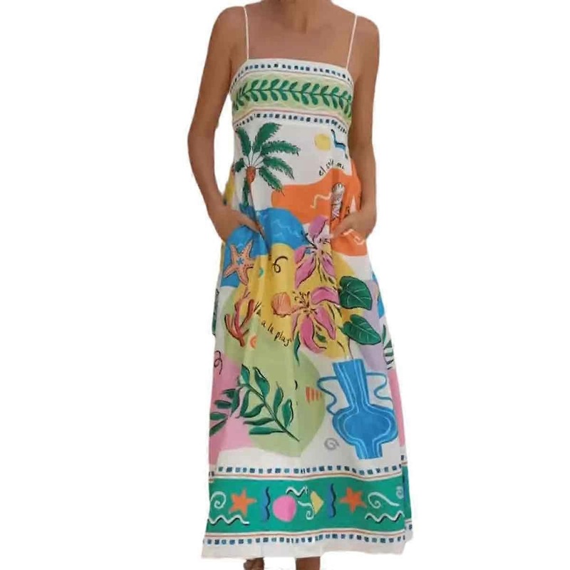 Casual Printed Long Dress for Women Spaghetti Strap Sleeveless Off Shoulder Maxi Dress Summer Beach Holiday Dress | Fruugo SG