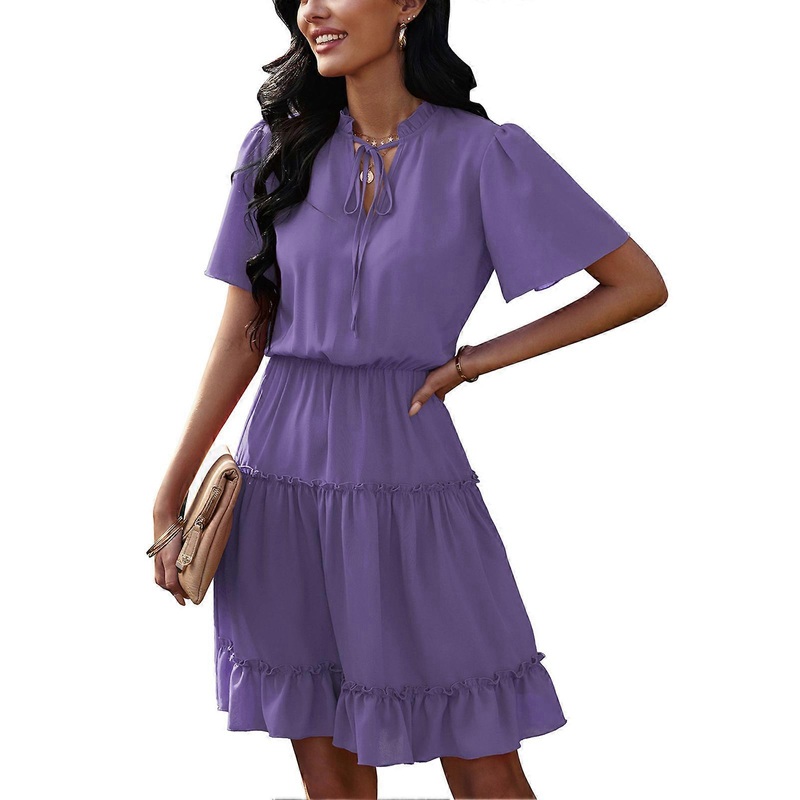Dress Drawstring Tie V Neck Loose Casual Falbala Tie Waist Short Sleeve Dress for Women Light Purple L | Fruugo SG