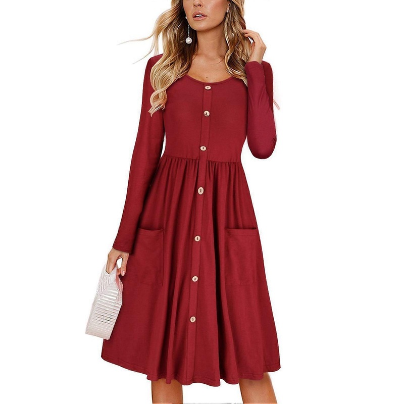 Dress Long Sleeve Round Neck Button Down Pure Color Pocket High Waist Dress for Women | Fruugo SG